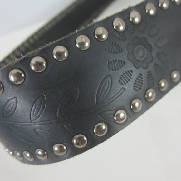 Unbranded Womens L Black Leather Turquoise Blue Chunks Rhinestone Tooled Belt